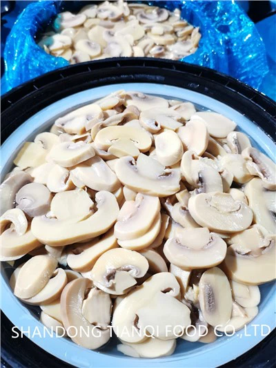 Cogumelo fatiado em salmoura em tambores